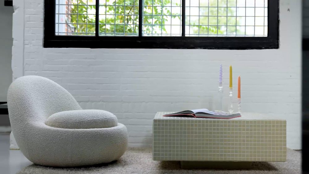 Tile cube tables by Yellow Bubble, featured in a PuraVideos website banner video highlighting design, craftsmanship, and versatility